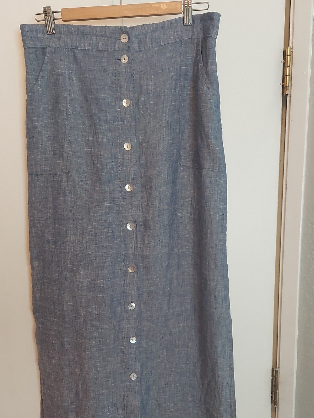 Button-Front Blue Linen Maxi Skirt